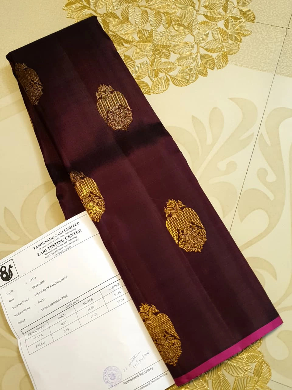 3Gram Pure Zari Kanjivaram Silk Saree in Dark Kantha Rose with Magenta Pallu & Traditional Peacock