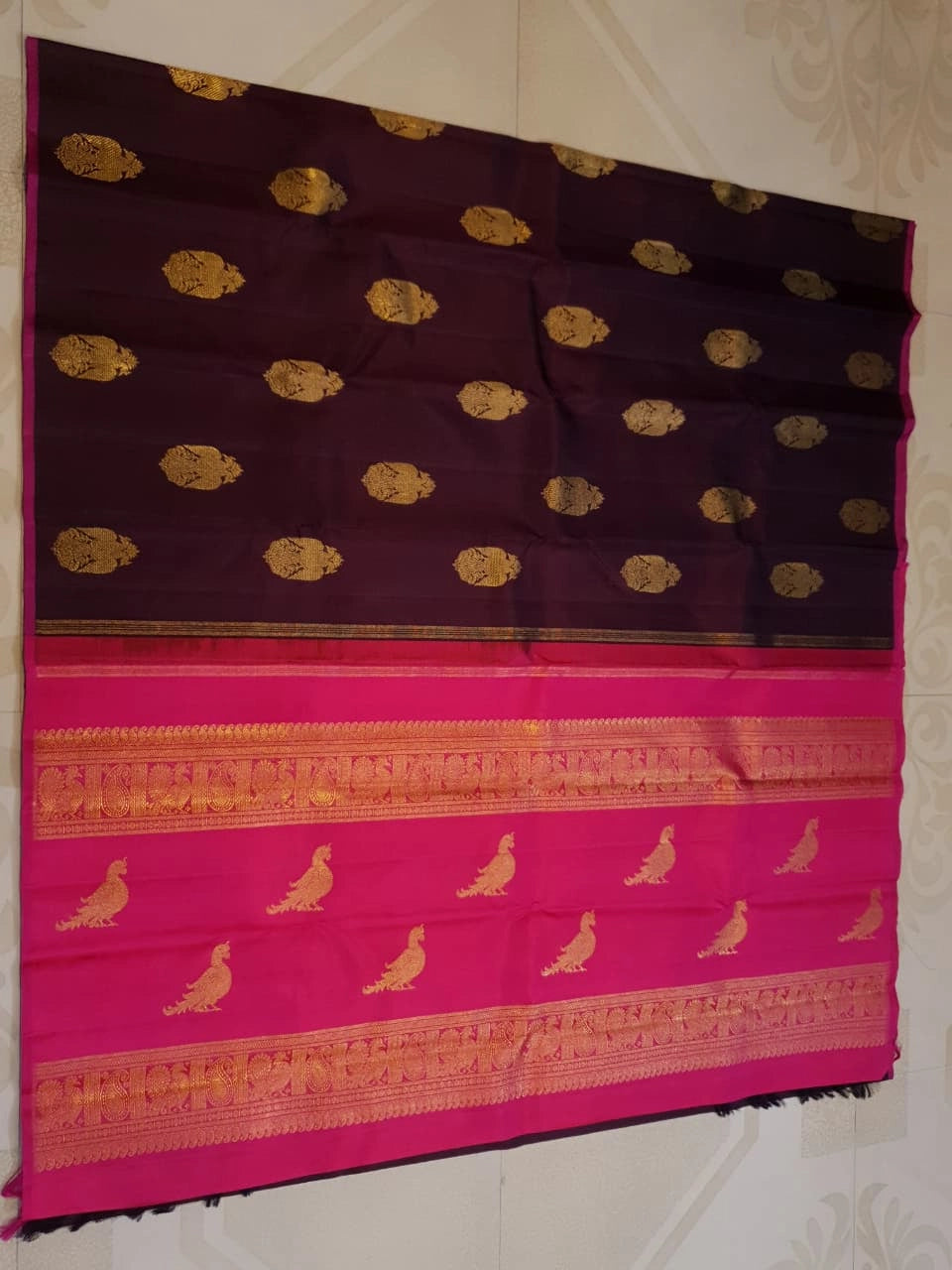 3Gram Pure Zari Kanjivaram Silk Saree in Dark Kantha Rose with Magenta Pallu & Traditional Peacock