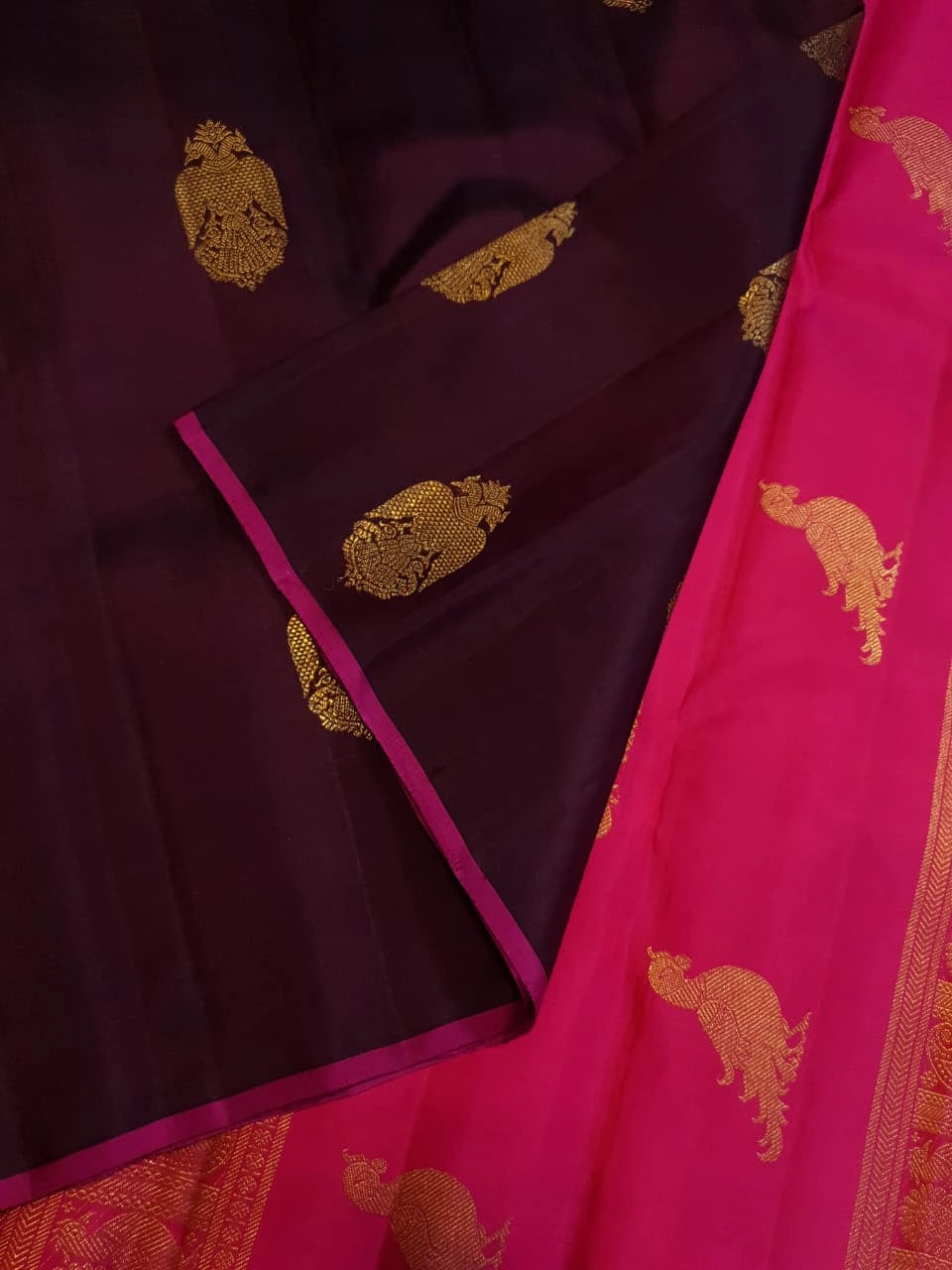3Gram Pure Zari Kanjivaram Silk Saree in Dark Kantha Rose with Magenta Pallu & Traditional Peacock