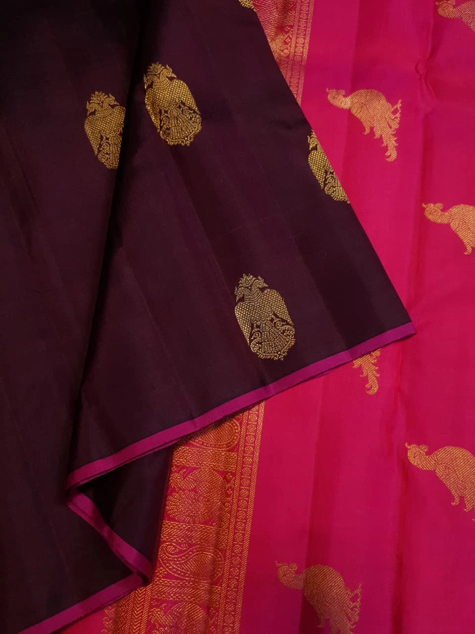 3Gram Pure Zari Kanjivaram Silk Saree in Dark Kantha Rose with Magenta Pallu & Traditional Peacock