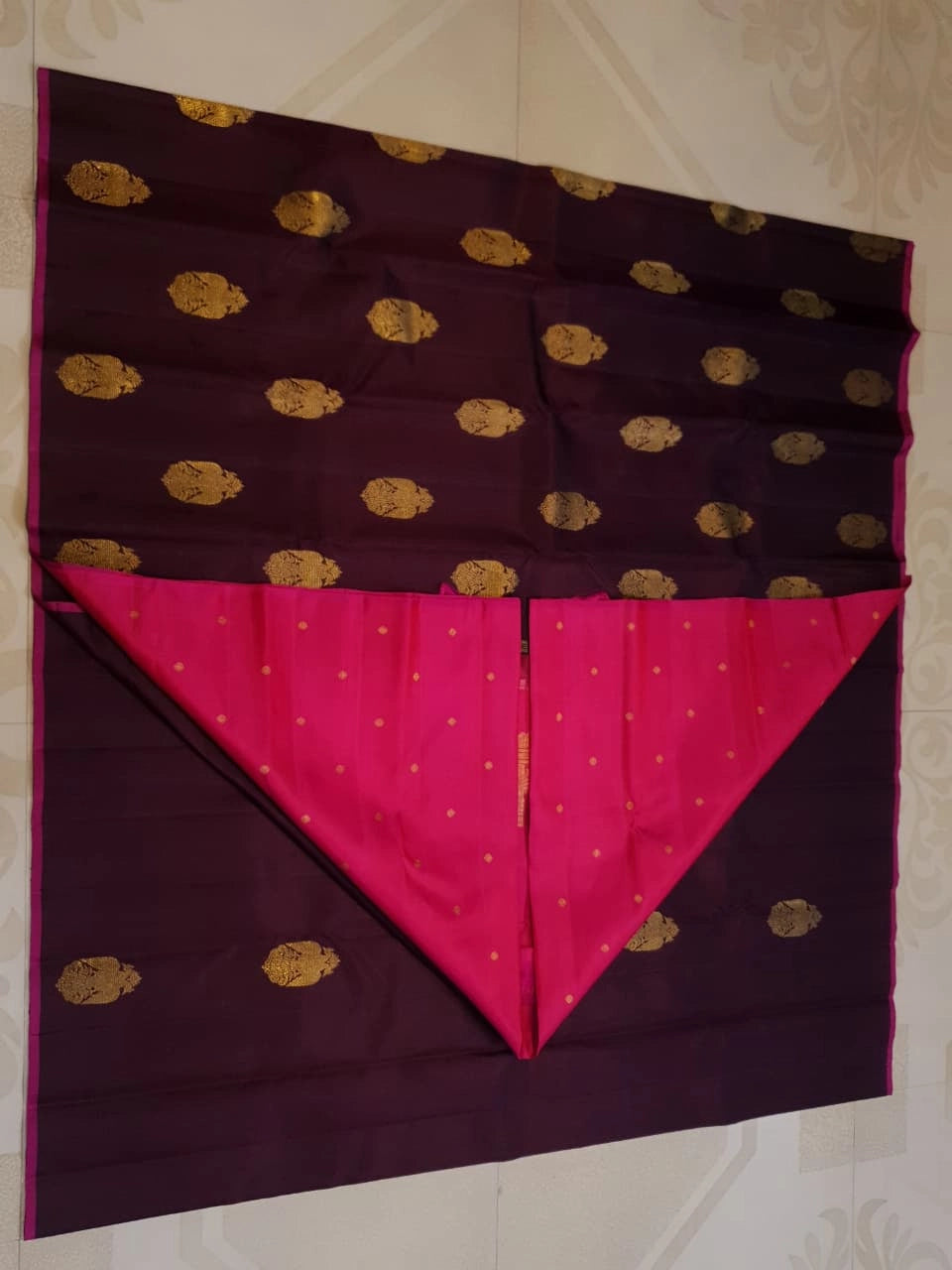 3Gram Pure Zari Kanjivaram Silk Saree in Dark Kantha Rose with Magenta Pallu & Traditional Peacock