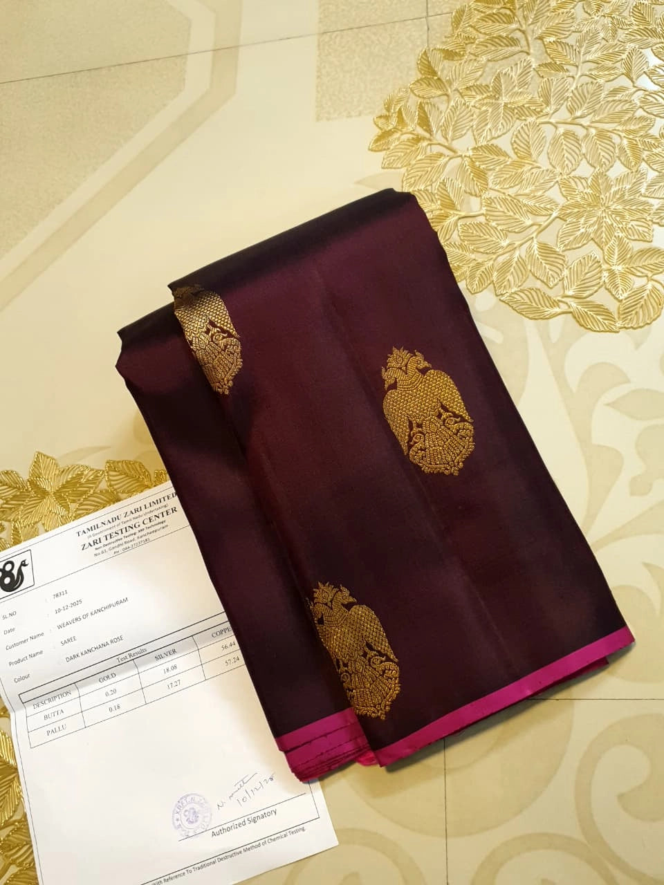 3Gram Pure Zari Kanjivaram Silk Saree in Dark Kantha Rose with Magenta Pallu & Traditional Peacock