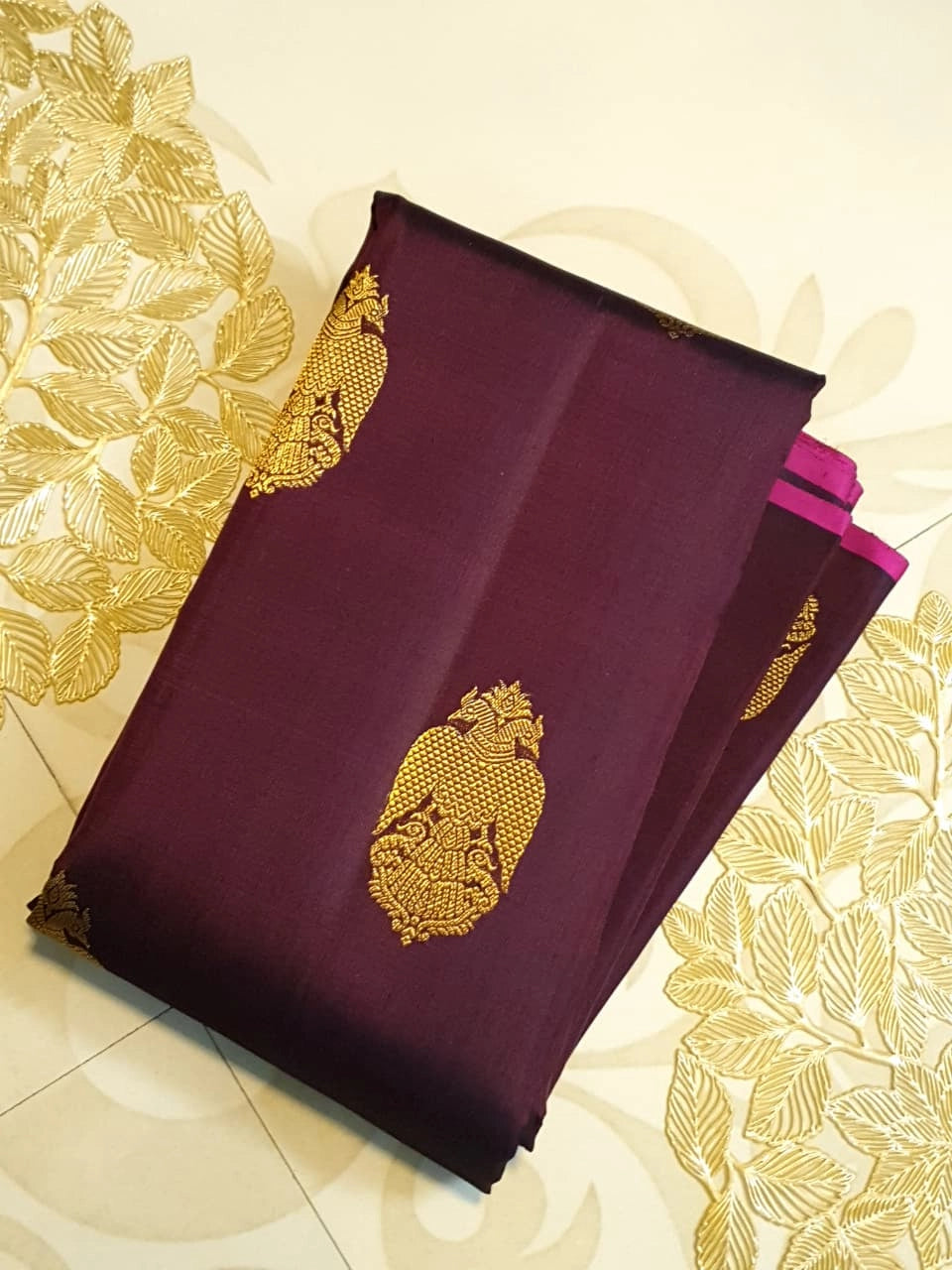 3Gram Pure Zari Kanjivaram Silk Saree in Dark Kantha Rose with Magenta Pallu & Traditional Peacock