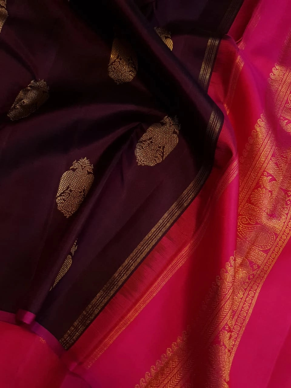 3Gram Pure Zari Kanjivaram Silk Saree in Dark Kantha Rose with Magenta Pallu & Traditional Peacock
