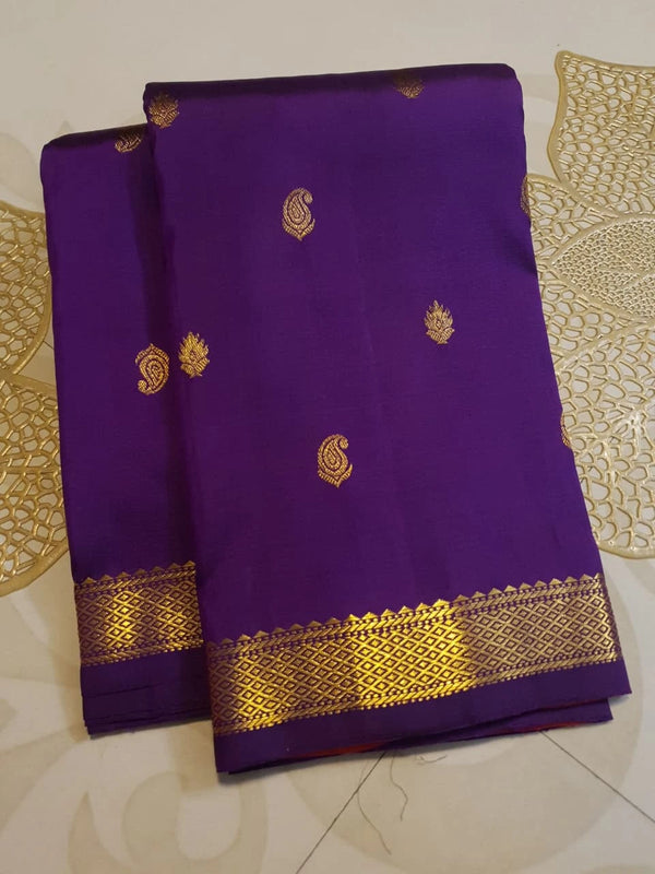 2G Purple Kanjivaram Silk Saree with Gold Zari Border & Coral Pink Pallu
