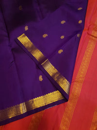 2G Purple Kanjivaram Silk Saree with Gold Zari Border & Coral Pink Pallu
