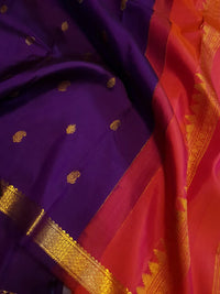 2G Purple Kanjivaram Silk Saree with Gold Zari Border & Coral Pink Pallu