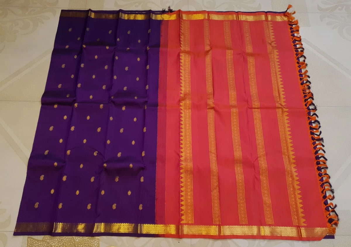 2G Purple Kanjivaram Silk Saree with Gold Zari Border & Coral Pink Pallu