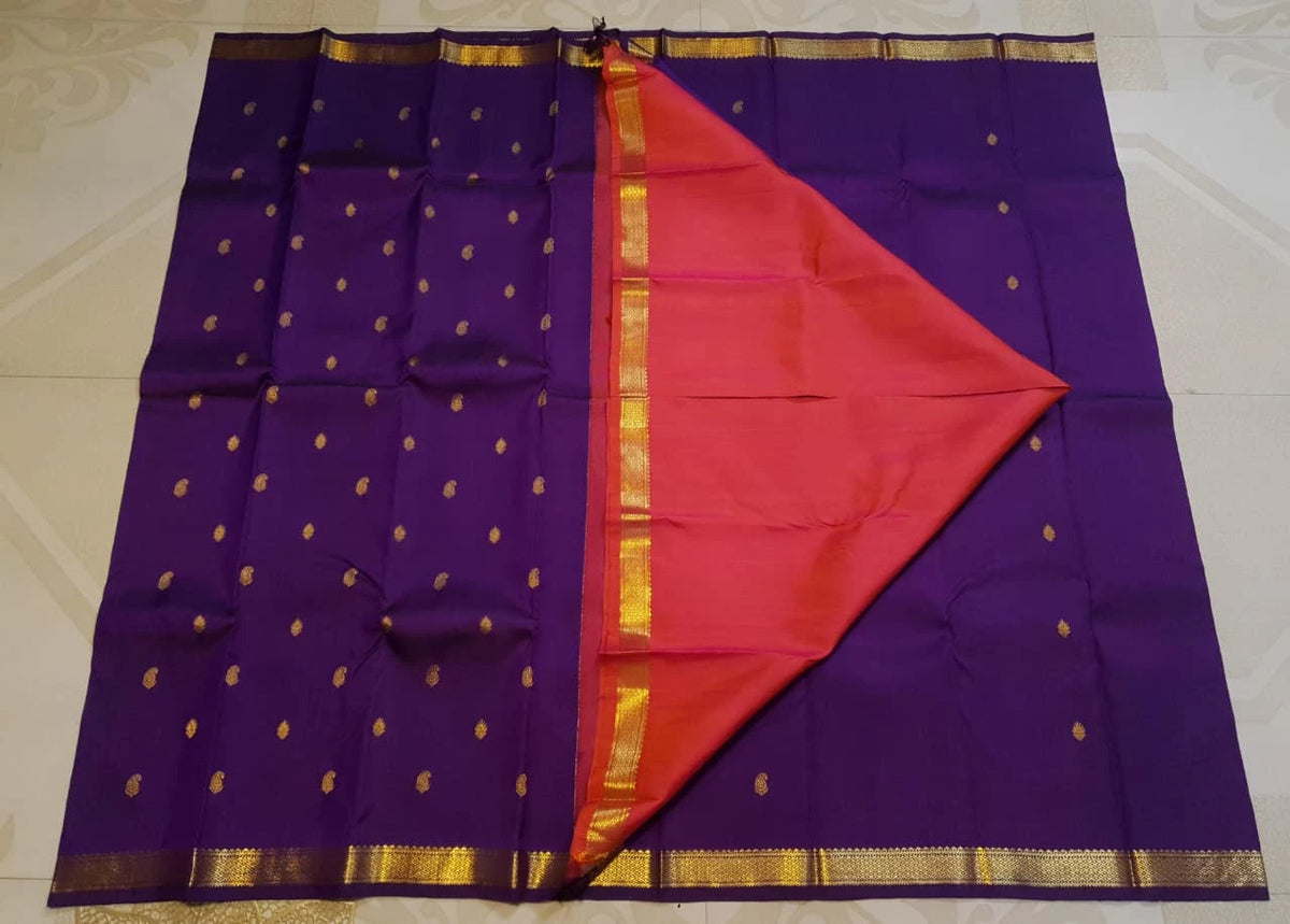2G Purple Kanjivaram Silk Saree with Gold Zari Border & Coral Pink Pallu