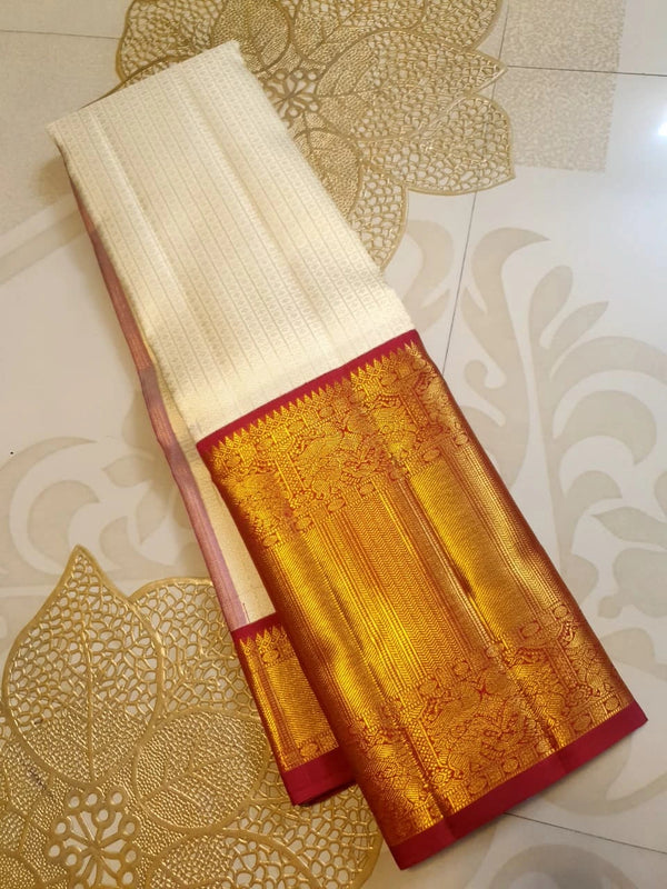 2G Pure Korvai Kanjivaram  Silk Saree in Cream with Red Contrast Border & Rich Gold Zari Peacock Design | Prahla Silks