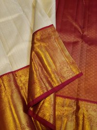 2G Pure Korvai Kanjivaram  Silk Saree in Cream with Red Contrast Border & Rich Gold Zari Peacock Design | Prahla Silks