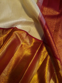 2G Pure Korvai Kanjivaram  Silk Saree in Cream with Red Contrast Border & Rich Gold Zari Peacock Design | Prahla Silks