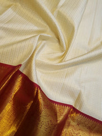 2G Pure Korvai Kanjivaram  Silk Saree in Cream with Red Contrast Border & Rich Gold Zari Peacock Design | Prahla Silks