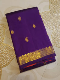 2G Purple Kanjivaram Silk Saree with Rich Gold Zari Butta & Traditional Broad Geometric Border | Silkmark Certified
