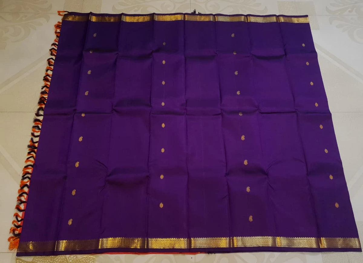 2G Purple Kanjivaram Silk Saree with Rich Gold Zari Butta & Traditional Broad Geometric Border | Silkmark Certified