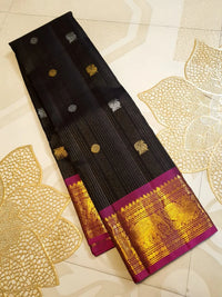 2G Pure Black Korvai Kanjivaram Silk Saree with Magenta Border | Silk Mark Certified