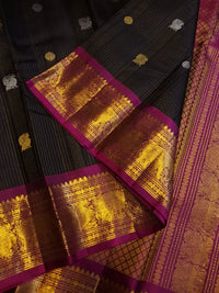 2G Pure Black Korvai Kanjivaram Silk Saree with Magenta Border | Silk Mark Certified