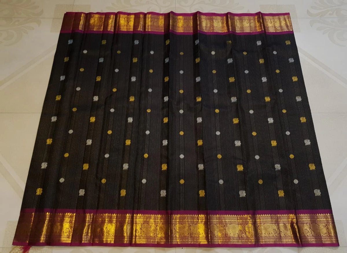 2G Pure Black Korvai Kanjivaram Silk Saree with Magenta Border | Silk Mark Certified