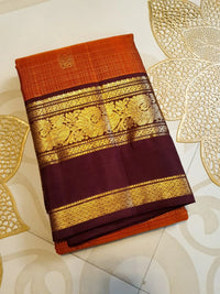 2G Pure Rust Orange Pure Kanjivaram Silk Saree with Maroon Peacock Border | Silkmark Certified