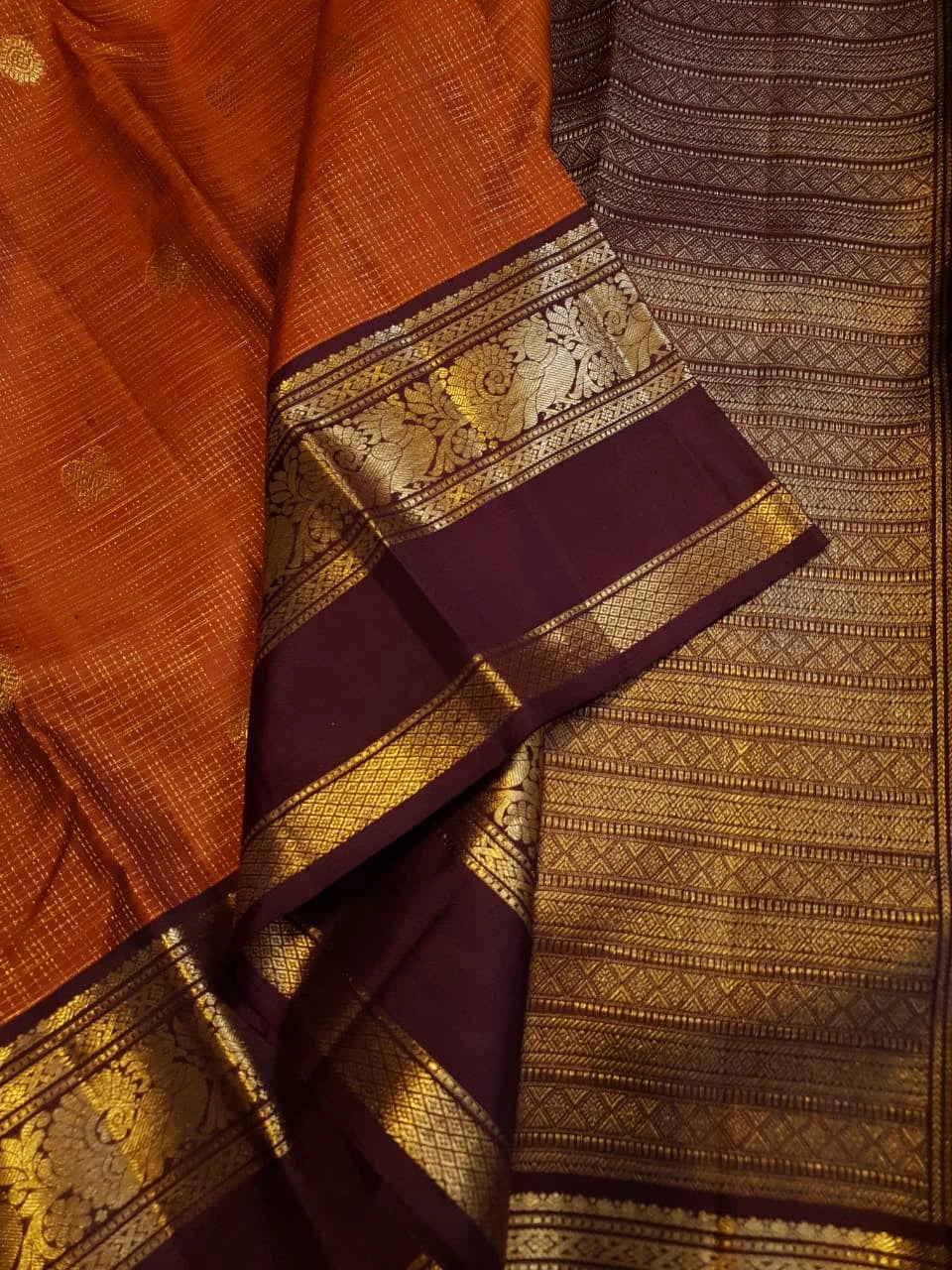 2G Pure Rust Orange Pure Kanjivaram Silk Saree with Maroon Peacock Border | Silkmark Certified