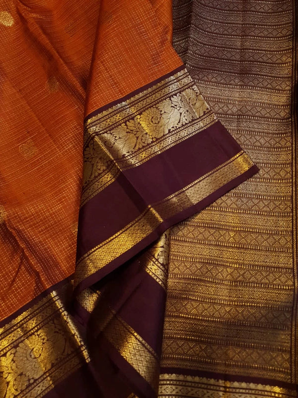 2G Pure Rust Orange Pure Kanjivaram Silk Saree with Maroon Peacock Border | Silkmark Certified