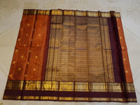 2 Gram Pure Korvai  Kanjivaram Silk Saree in Rust Orange with Maroon Peacock Butta Border | Silkmark Certified