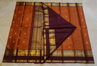 2G Pure Rust Orange Pure Kanjivaram Silk Saree with Maroon Peacock Border | Silkmark Certified