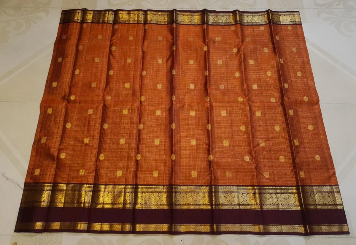 2G Pure Rust Orange Pure Kanjivaram Silk Saree with Maroon Peacock Border | Silkmark Certified