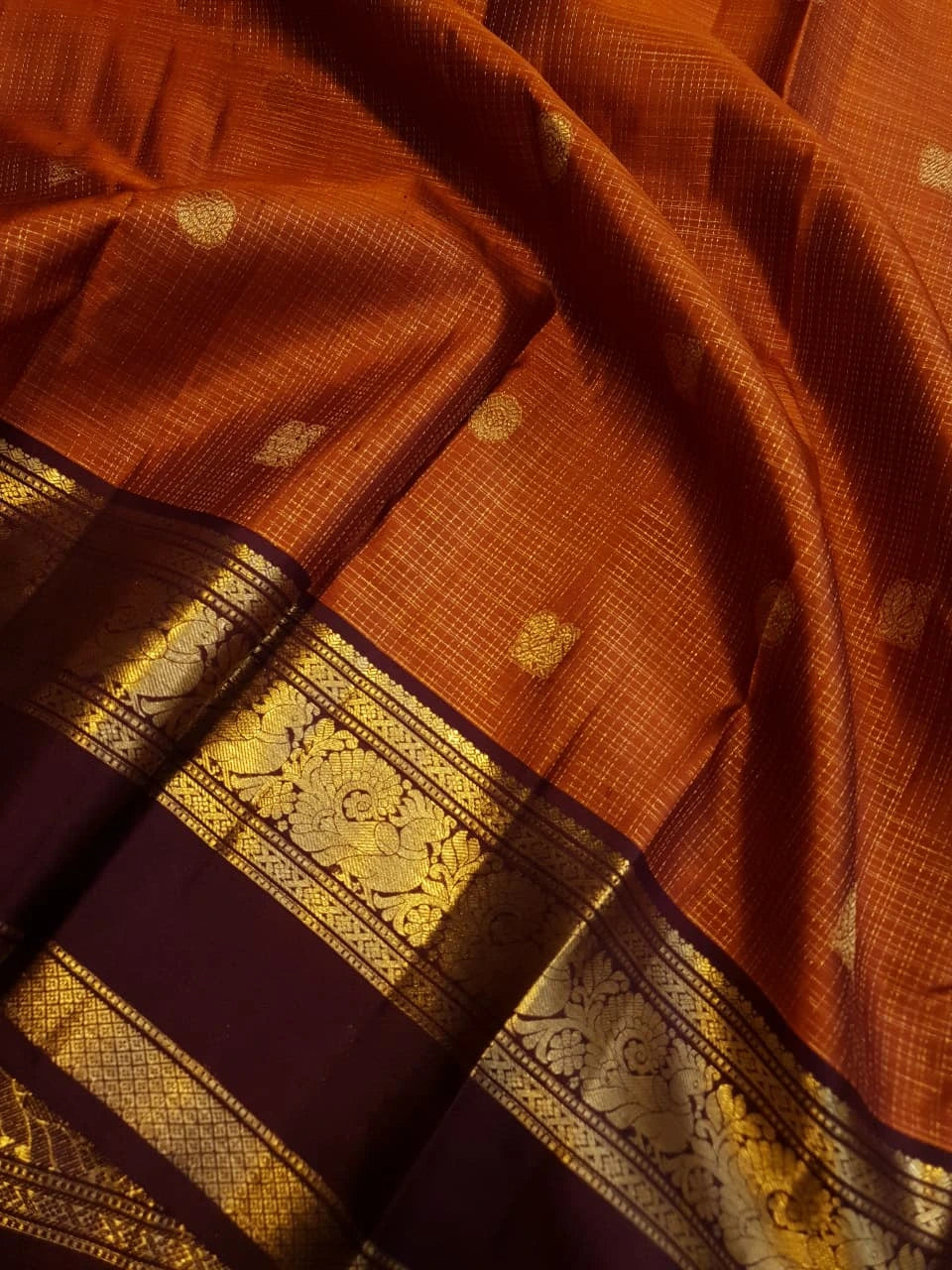 2G Pure Rust Orange Pure Kanjivaram Silk Saree with Maroon Peacock Border | Silkmark Certified