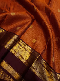 2 Gram Pure Korvai  Kanjivaram Silk Saree in Rust Orange with Maroon Peacock Butta Border | Silkmark Certified