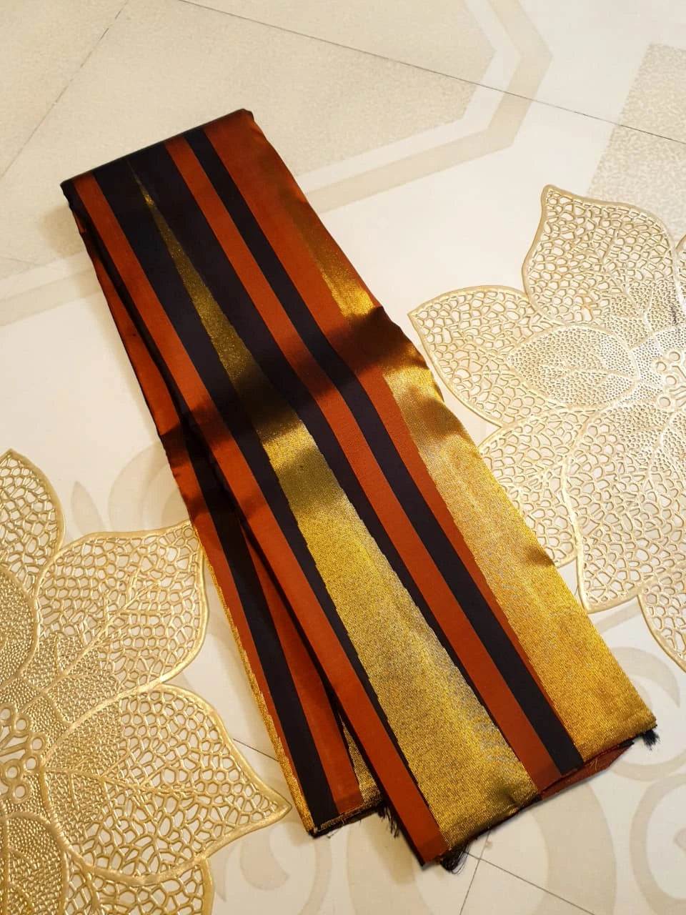 2G Pure Kanjivaram Silk Saree in Rust Orange & Brown | Golden Zari