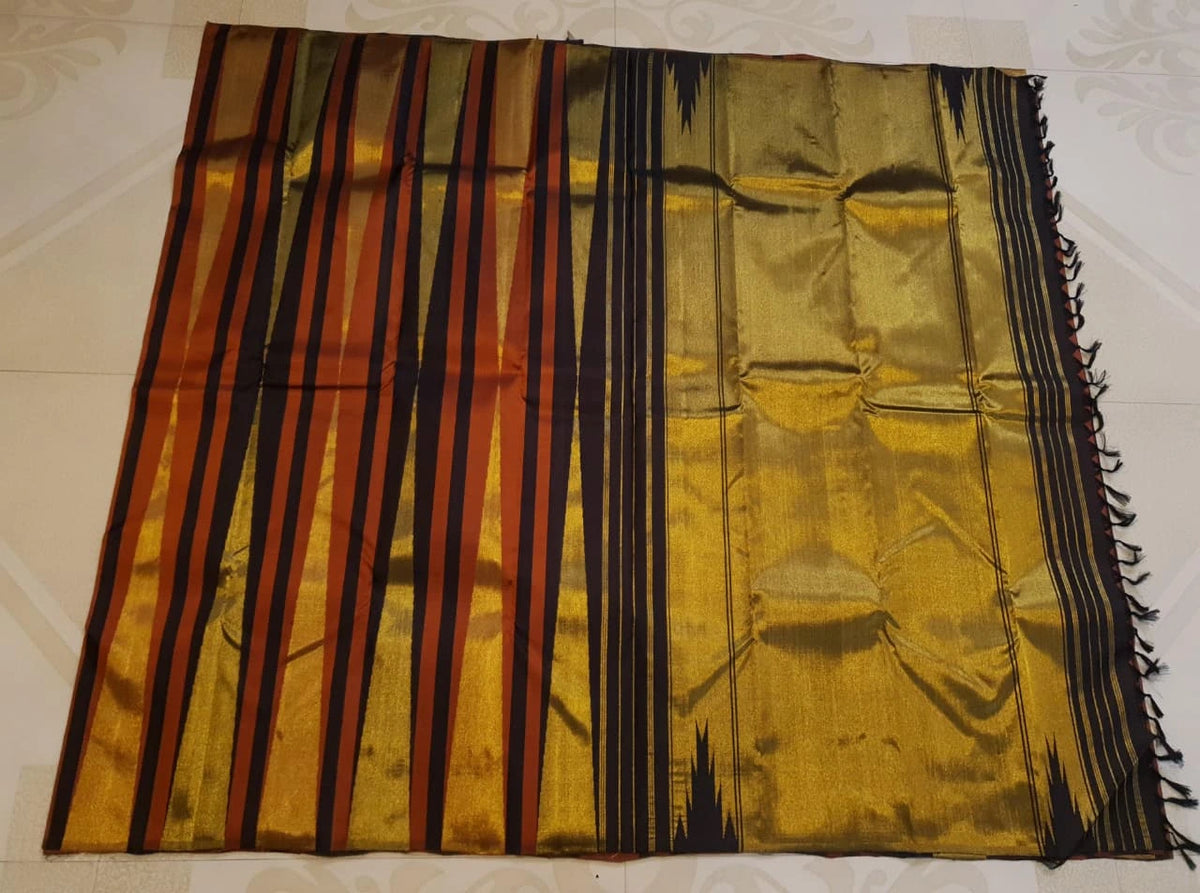 2G Pure Kanjivaram Silk Saree in Rust Orange & Brown | Golden Zari
