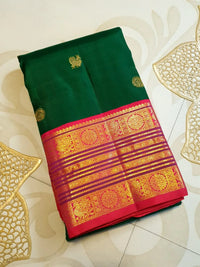 2G Pure Korvai  Kanjivaram Silk Saree in Deep Green with Rich Red-Pink Peacock Border & Butta | Silkmark Certified