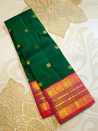 2G Pure Korvai  Kanjivaram Silk Saree in Deep Green with Rich Red-Pink Peacock Border & Butta | Silkmark Certified