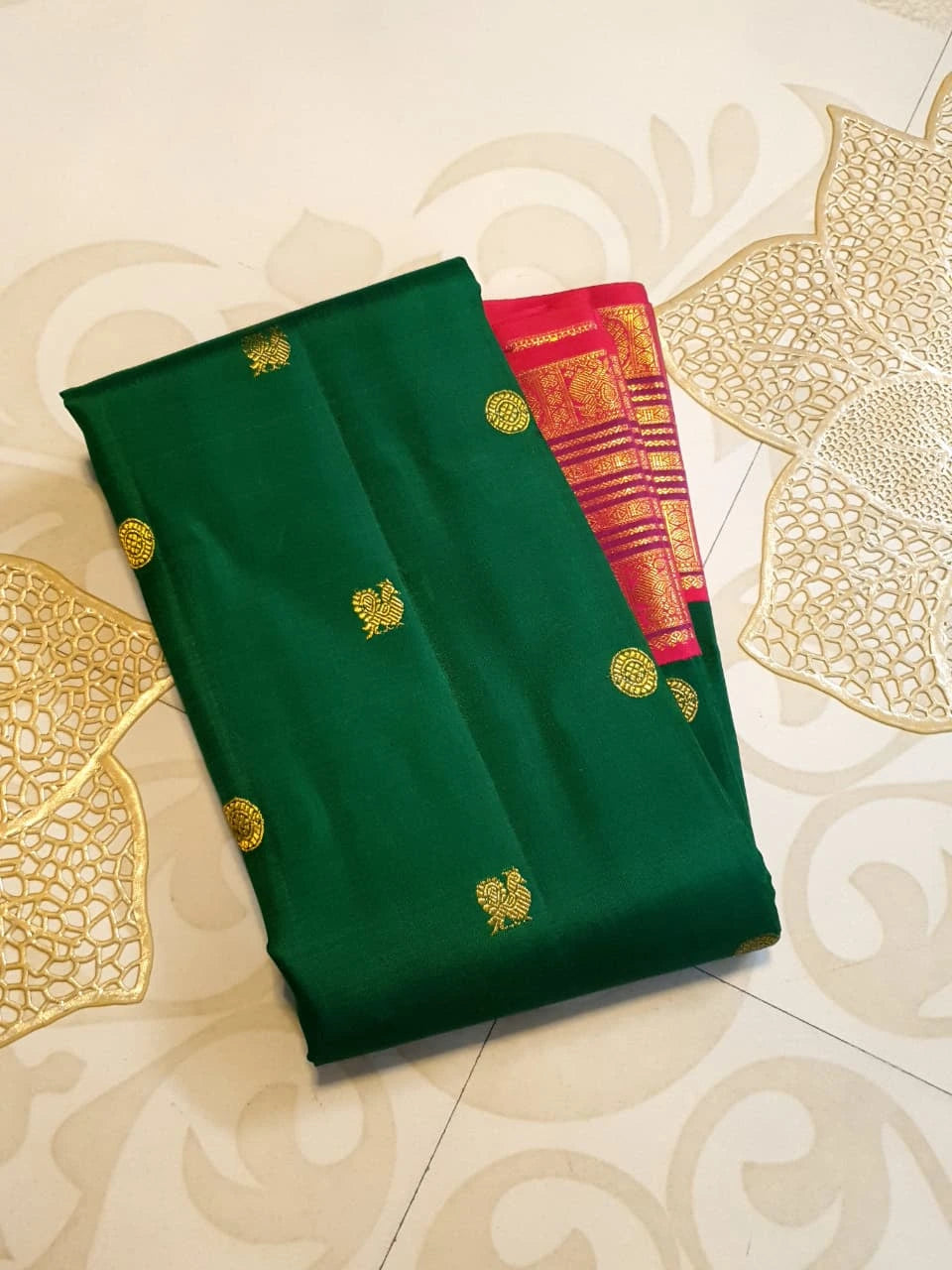 2G Pure Korvai  Kanjivaram Silk Saree in Deep Green with Rich Red-Pink Peacock Border & Butta | Silkmark Certified