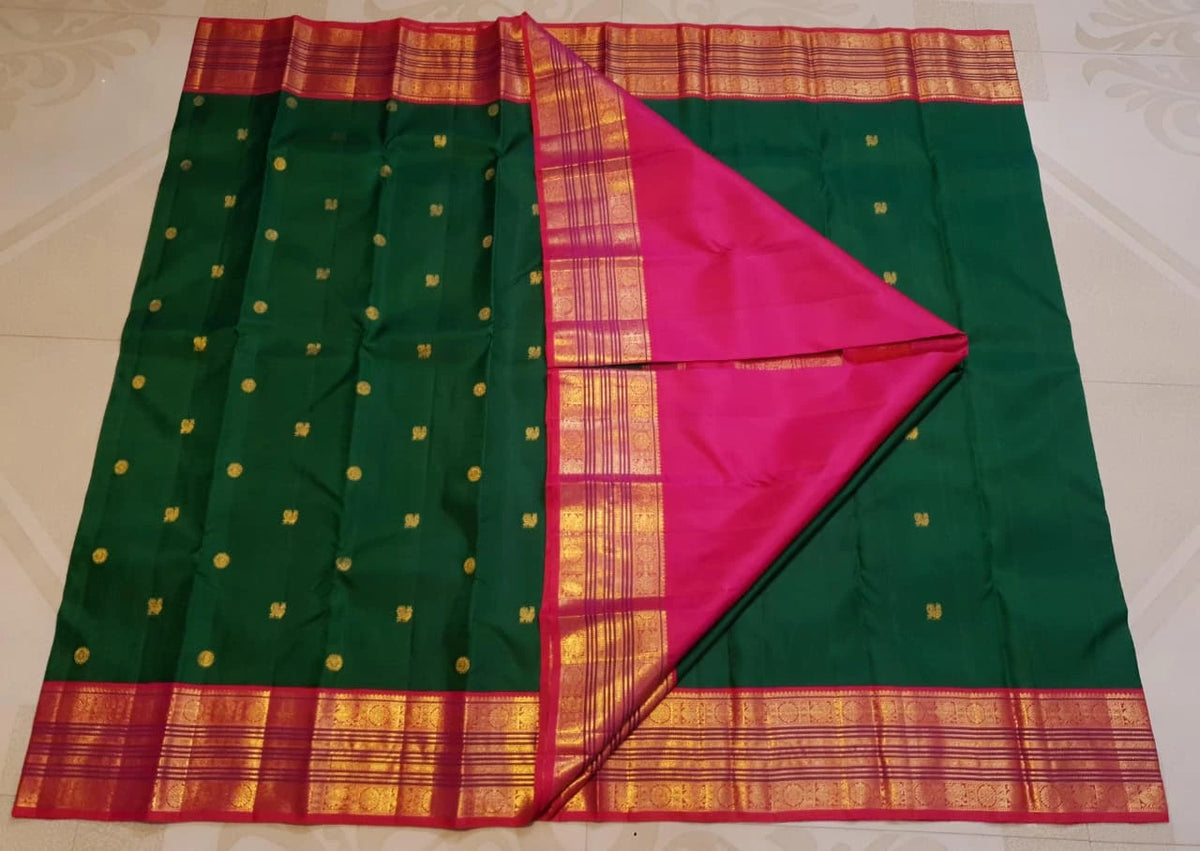2G Pure Korvai  Kanjivaram Silk Saree in Deep Green with Rich Red-Pink Peacock Border & Butta | Silkmark Certified