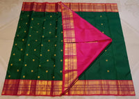 2G Pure Korvai  Kanjivaram Silk Saree in Deep Green with Rich Red-Pink Peacock Border & Butta | Silkmark Certified