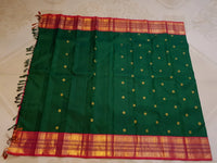 2G Pure Korvai  Kanjivaram Silk Saree in Deep Green with Rich Red-Pink Peacock Border & Butta | Silkmark Certified