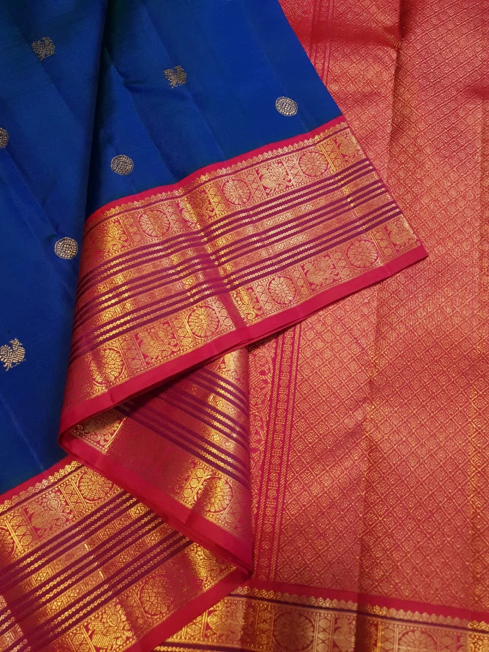 2G Pure Korvai  Kanjivaram Silk Saree in Royal Blue with Rich Red & Pink Zari Border and Traditional Peacock Weave | Silkmark Certified