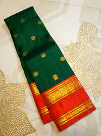2G Pure Korvai  Kanjivaram Silk Saree in Deep Green with Rich Red & Antique Gold Zari Border and Peacock Butta  | Silkmark Certified
