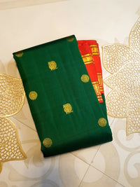2G Pure Korvai  Kanjivaram Silk Saree in Deep Green with Rich Red & Antique Gold Zari Border and Peacock Butta  | Silkmark Certified