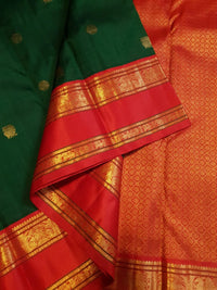 2G Pure Korvai  Kanjivaram Silk Saree in Deep Green with Rich Red & Antique Gold Zari Border and Peacock Butta  | Silkmark Certified