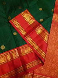 2G Pure Korvai  Kanjivaram Silk Saree in Deep Green with Rich Red & Antique Gold Zari Border and Peacock Butta  | Silkmark Certified