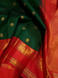2G Pure Korvai  Kanjivaram Silk Saree in Deep Green with Rich Red & Antique Gold Zari Border and Peacock Butta  | Silkmark Certified