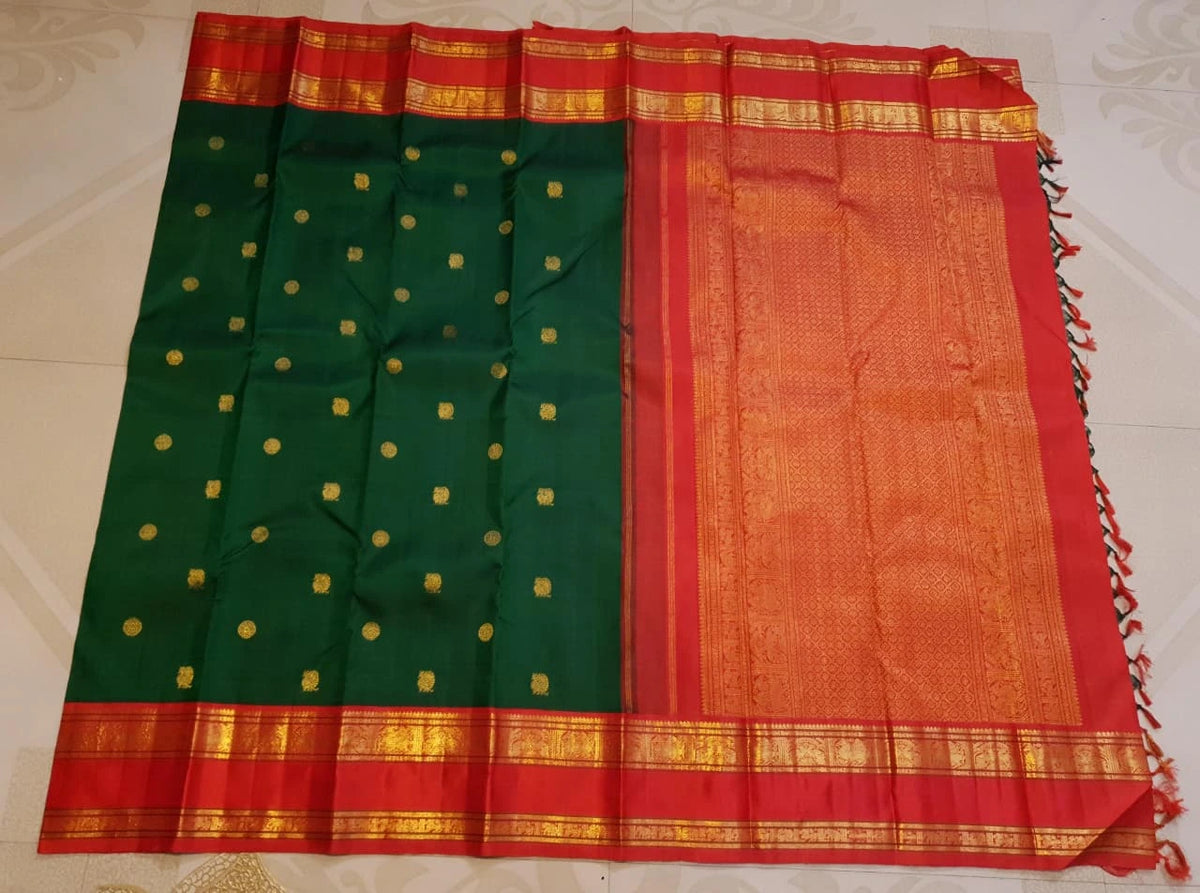 2G Pure Korvai  Kanjivaram Silk Saree in Deep Green with Rich Red & Antique Gold Zari Border and Peacock Butta  | Silkmark Certified
