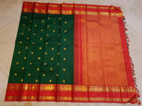 2G Pure Korvai  Kanjivaram Silk Saree in Deep Green with Rich Red & Antique Gold Zari Border and Peacock Butta  | Silkmark Certified
