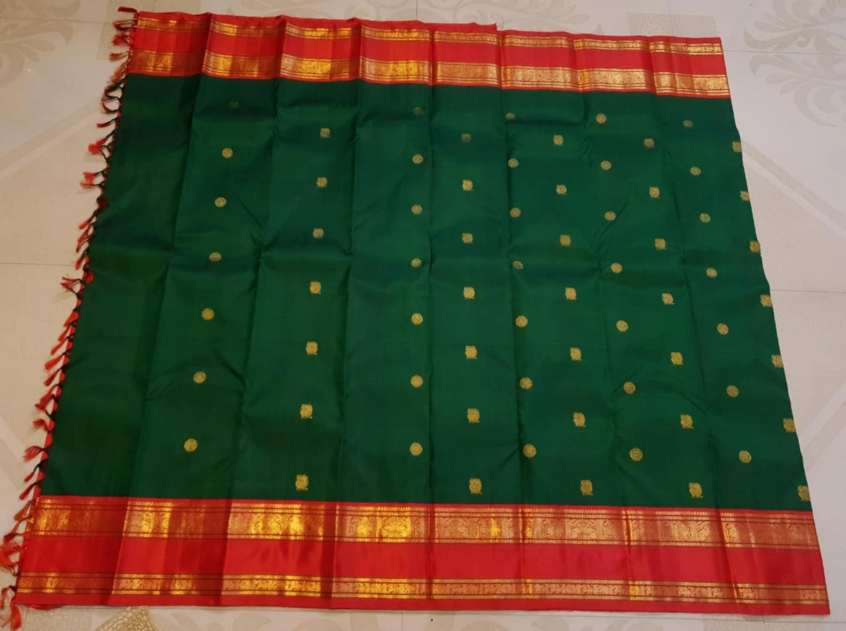 2G Pure Korvai  Kanjivaram Silk Saree in Deep Green with Rich Red & Antique Gold Zari Border and Peacock Butta  | Silkmark Certified