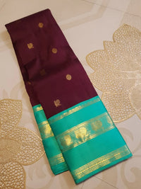 2G Pure Korvai Kanjivaram Silk Saree in Deep Wine with Turquoise Green & Gold Zari Border and Traditional Butta Weave | Silkmark Certified