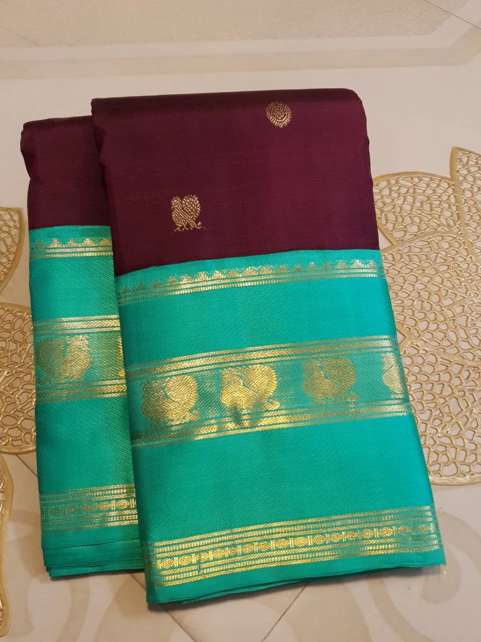 2G Pure Korvai Kanjivaram Silk Saree in Deep Wine with Turquoise Green & Gold Zari Border and Traditional Butta Weave | Silkmark Certified