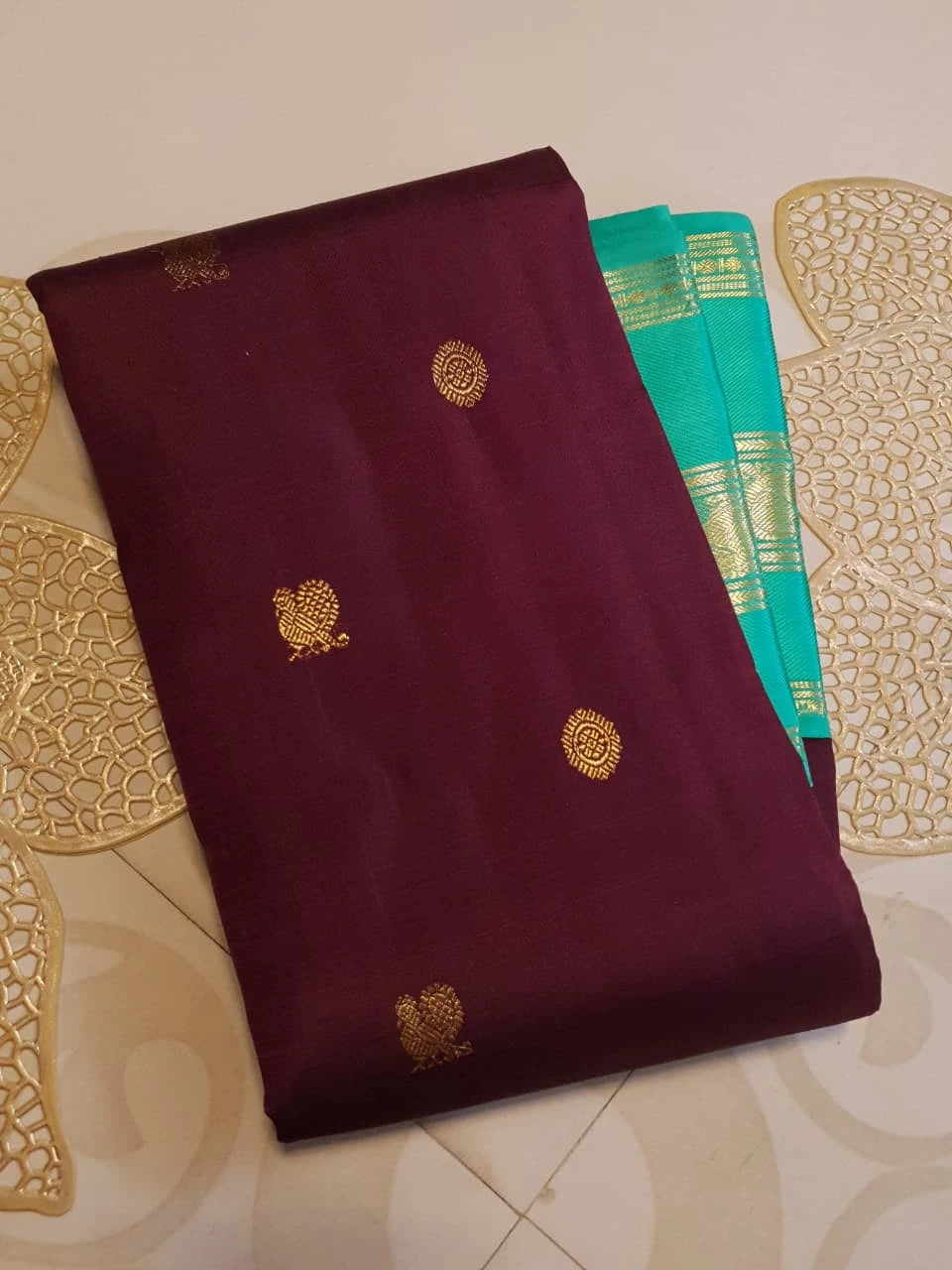2G Pure Korvai Kanjivaram Silk Saree in Deep Wine with Turquoise Green & Gold Zari Border and Traditional Butta Weave | Silkmark Certified